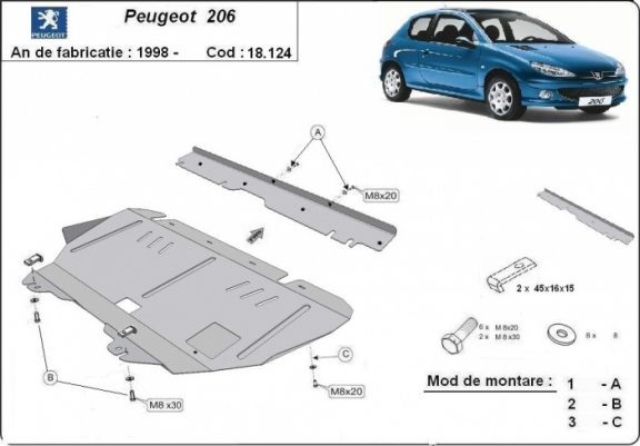 Cache sous moteur et de la boîte de vitesse Peugeot 206