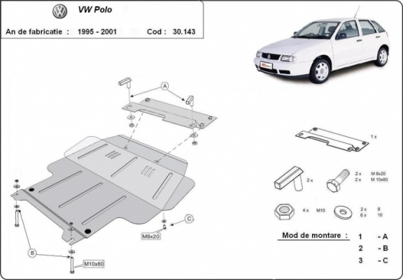 Cache sous moteur et de la boîte de vitesse Volkswagen Polo - 6N, 6N1, 6K, Classic, Variant