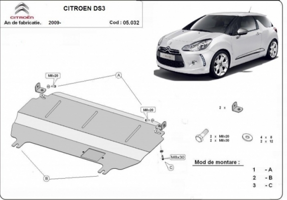 Cache sous moteur et de la boîte de vitesse Citroen DS3