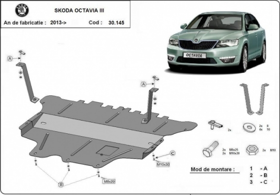 Cache sous moteur et de la boîte de vitesse Skoda Octavia 3 - boîte de vitesses manuelle