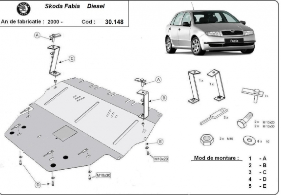 Cache sous moteur et de la boîte de vitesse Skoda Fabia