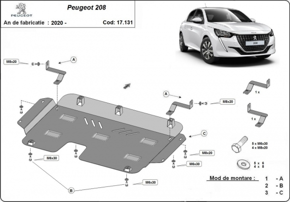 Cache sous moteur et de la boîte de vitesse Peugeot 208