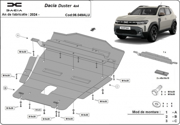 Cache sous moteur et de la boîte de vitesse en aluminium Dacia Duster- 4x4