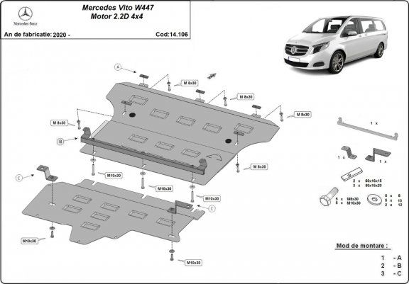 Cache de protection sous moteur et de la boîte de vitesse  Mercedes Vito W447 2.2 D, 4x4