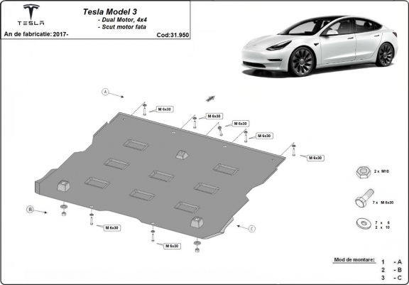 Cacher sous moteur avant pour Tesla Model 3 AWD