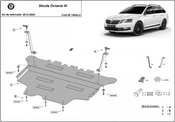 Cache sous moteur et de la boîte de vitesse Skoda Octavia 3 - Aluminium