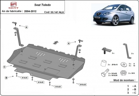 Cache sous moteur et de la boîte de vitesse en aluminium Seat Toledo 3