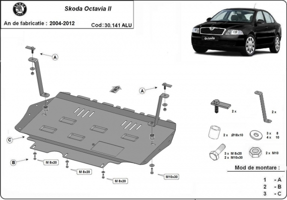 Cache sous moteur et de la boîte de vitesse en aluminium Skoda Octavia 2