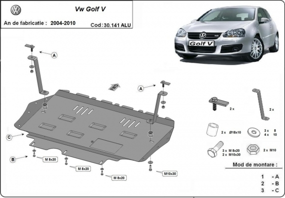 Cache sous moteur et de la boîte de vitesse en aluminium VW Golf mk5