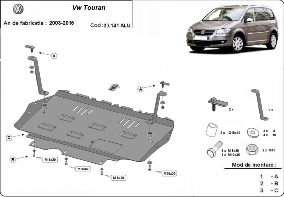 Cache sous moteur et de la boîte de vitesse en aluminium Volkswagen Touran