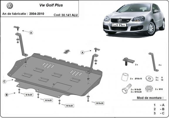 Cache sous moteur et de la boîte de vitesse en aluminium VW Golf Plus