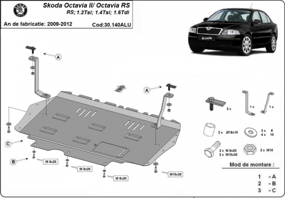 Cache sous moteur et de la boîte de vitesse en aluminium Skoda Octavia 2