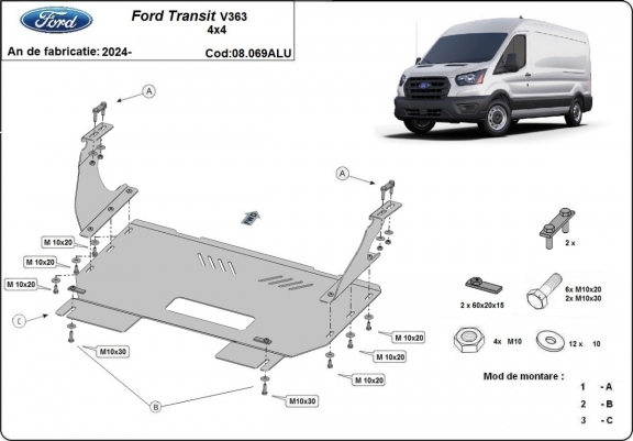 Cache sous moteur et de la boîte de vitesse en aluminium Ford Transit V363 4x4