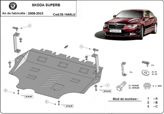 Cache sous moteur et de la boîte de vitesse en aluminium Skoda Superb II