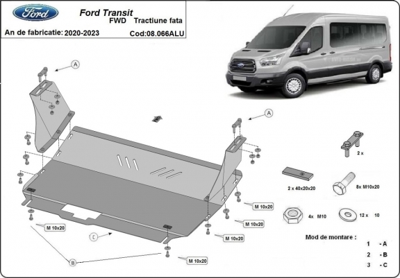 Cache sous moteur et de la boîte de vitesse Ford Transit FWD - Aluminium