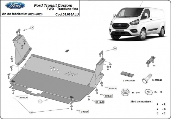 Cache sous moteur et de la boîte de vitesse en aluminium Ford Transit Custom - FWD