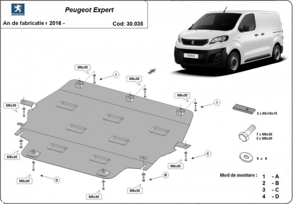 Cache sous moteur et de la boîte de vitesse Peugeot Expert - traverse avec couvercle en plastique
