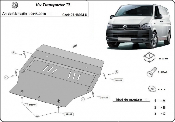 Cache sous moteur et de la boîte de vitesse Volkswagen Transporter T6 - Aluminium