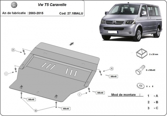 Cache sous moteur et de la boîte de vitesse Volkswagen Transporter T5 Caravelle - Aluminium