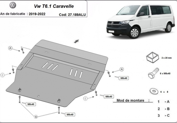 Cache sous moteur et de la boîte de vitesse Volkswagen Transporter T6.1 Caravelle - Aluminium