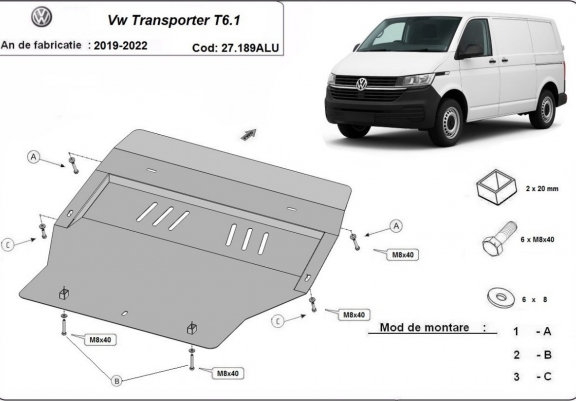 Cache sous moteur et de la boîte de vitesse Volkswagen Transporter T6.1 - Aluminium