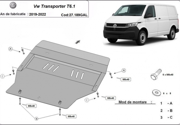 Acier galvanisé cache sous moteur et de la boîte de vitesse Volkswagen Transporter T6.1