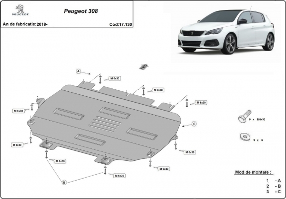 Cache sous moteur et de la boîte de vitesse Peugeot 308