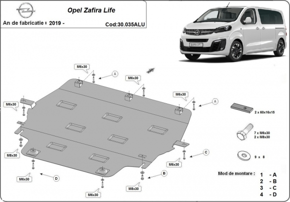 Cache sous moteur et de la boîte de vitesse Opel Zafira Life Aluminium