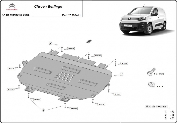 Cache sous moteur et de la boîte de vitesse Citroen Berlingo Aluminium