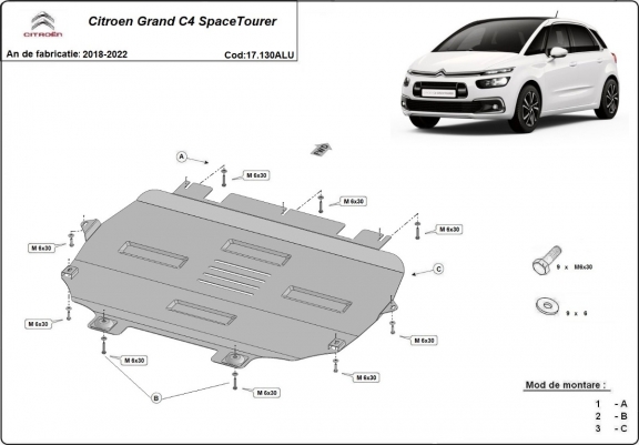 Cache sous moteur et de la boîte de vitesse Citroen Grand C4 SpaceTourer Aluminium