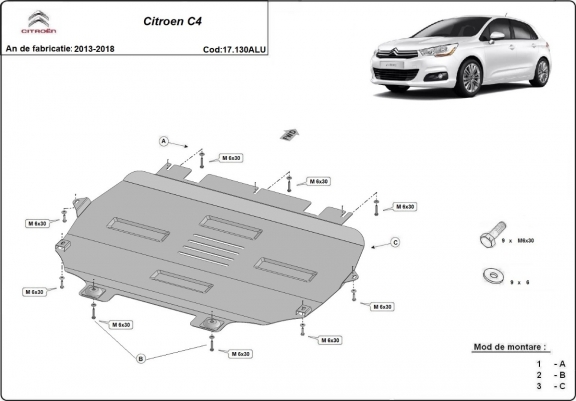 Cache sous moteur et de la boîte de vitesse Citroen C4 Aluminium