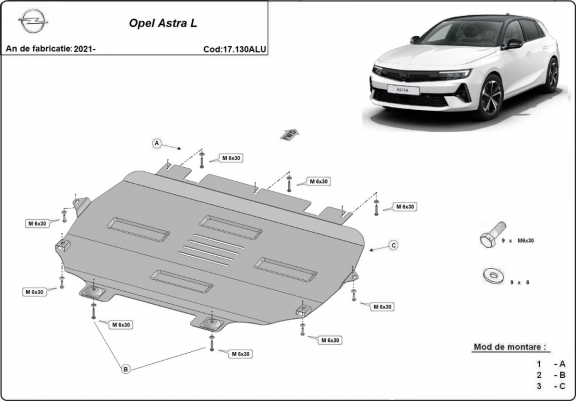 Cache sous moteur et de la boîte de vitesse Opel Astra L Aluminium