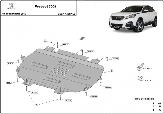 Cache sous moteur et de la boîte de vitesse Peugeot 3008 Aluminium