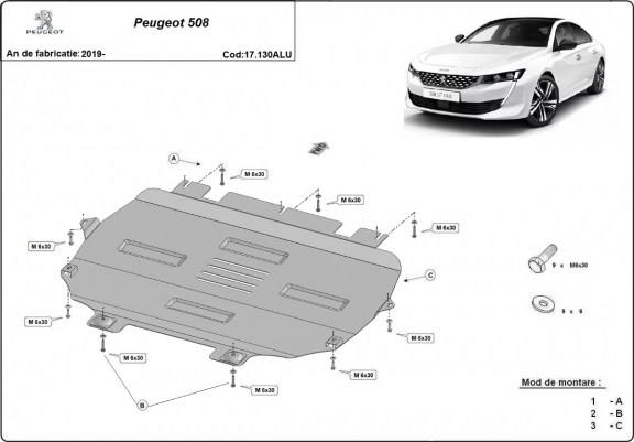 Cache sous moteur et de la boîte de vitesse Peugeot 508 Aluminium