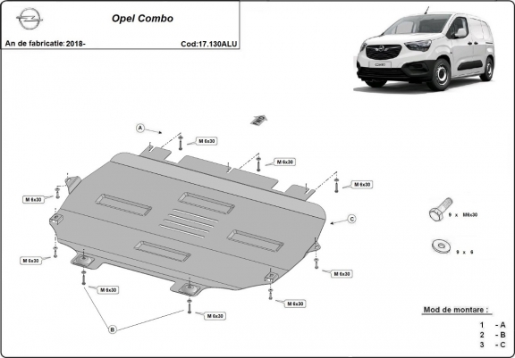 Cache sous moteur et de la boîte de vitesse Opel Combo E Aluminium
