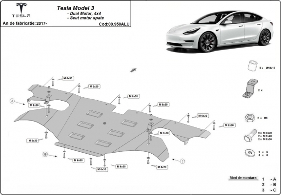 Cache sous moteur électrique arrière en aluminium – Tesla Model 3 AWD