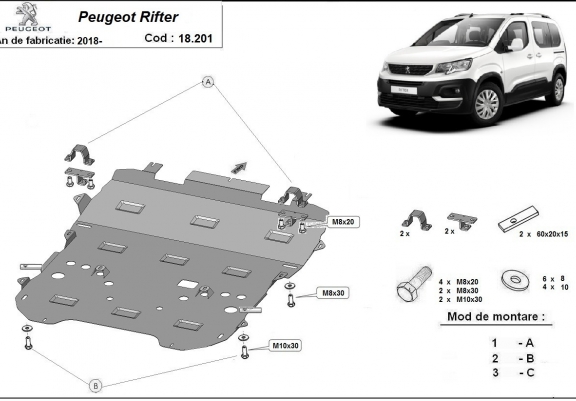 Cache sous moteur et de la boîte de vitesse Peugeot Rifter / Partner