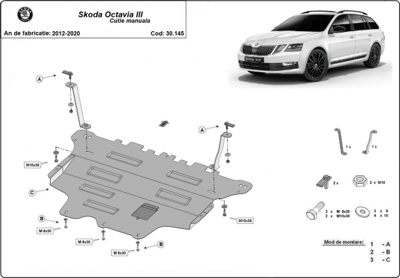 Cache sous moteur et de la boîte de vitesse Skoda Octavia 3 - boîte de vitesses manuelle