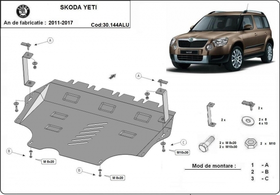 Cache sous moteur et de la boîte de vitesse en aluminium Skoda Yeti