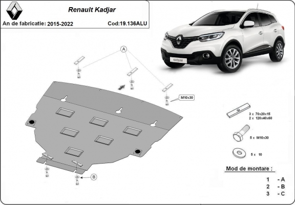 Cache sous moteur et de la boîte de vitesse Renault Kadjar Aluminium
