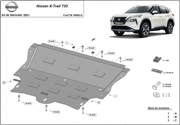 Cache sous moteur et de la boîte de vitesse Nissan X-Trail T33 Aluminium