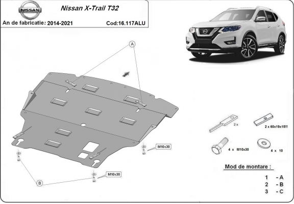 Cache sous moteur et de la boîte de vitesse Nissan X-Trail T32 Aluminium