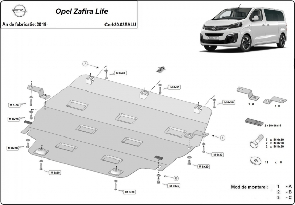 Cache sous moteur et de la boîte de vitesse Opel Zafira Life Aluminium