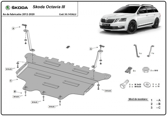 Cache sous moteur et de la boîte de vitesse Skoda Octavia 3 - Aluminium