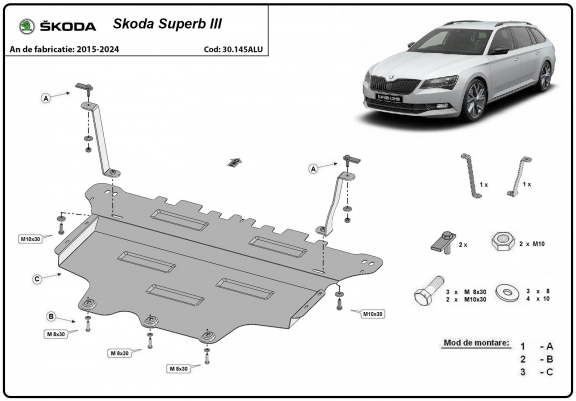 Cache sous moteur et de la boîte de vitesse en aluminium Skoda Superb III