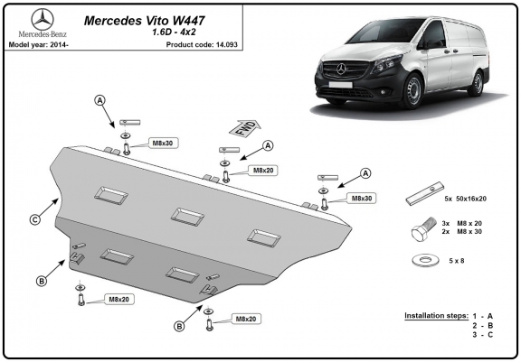 Cache sous moteur et de la boîte de vitesse Mercedes Vito W447 4x2, 1.6 D