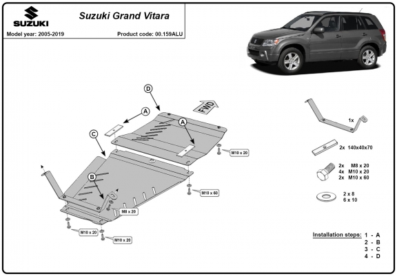 Cache de protection de la boîte de vitesse et de transfert en aluminium Suzuki Grand Vitara 2